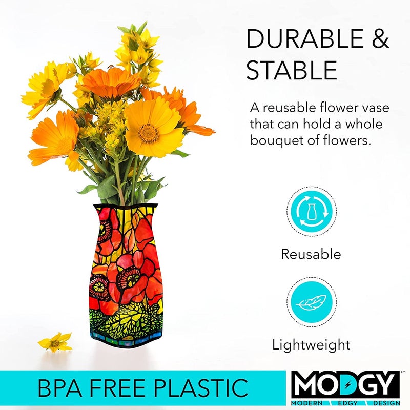 MODGY Collapsible and Expandable Plastic Flower Vase, Unbreakable, Foldable, Decorative Modern Centerpieces, Table Decorations, Louis C. Tiffany Poppies, 1 Pack - Image 3